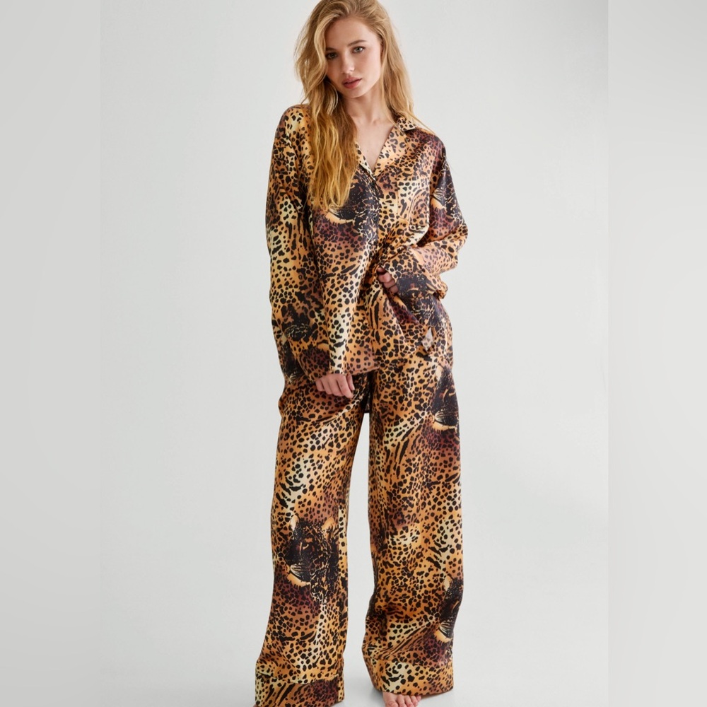 Nasty Gal Leopard Print Pajama Set in Brown and Black
